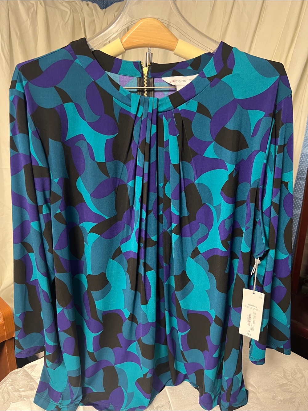 Liz Claiborne Teal, Purple & Black Abstract Print Long Sleeve Blouse